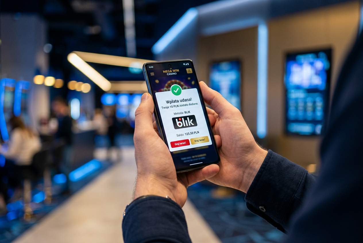 Close-up of a smartphone screen showing a 10 PLN casino deposit confirmation.