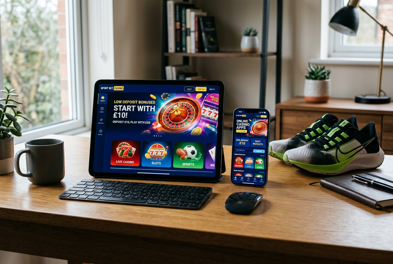 A smartphone and tablet showing online casino apps next to running gear.