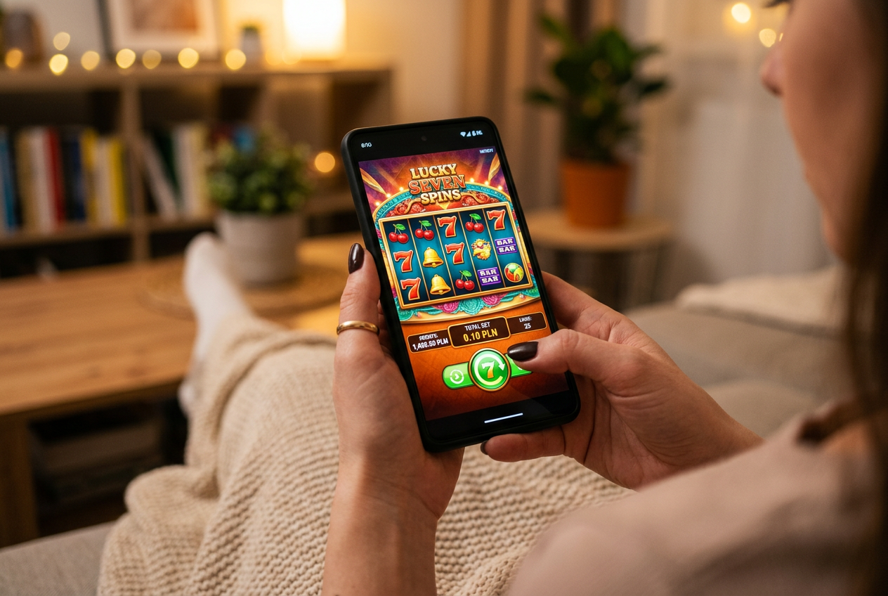 Close-up of a mobile phone screen playing a slot game with a 0.10 PLN bet.