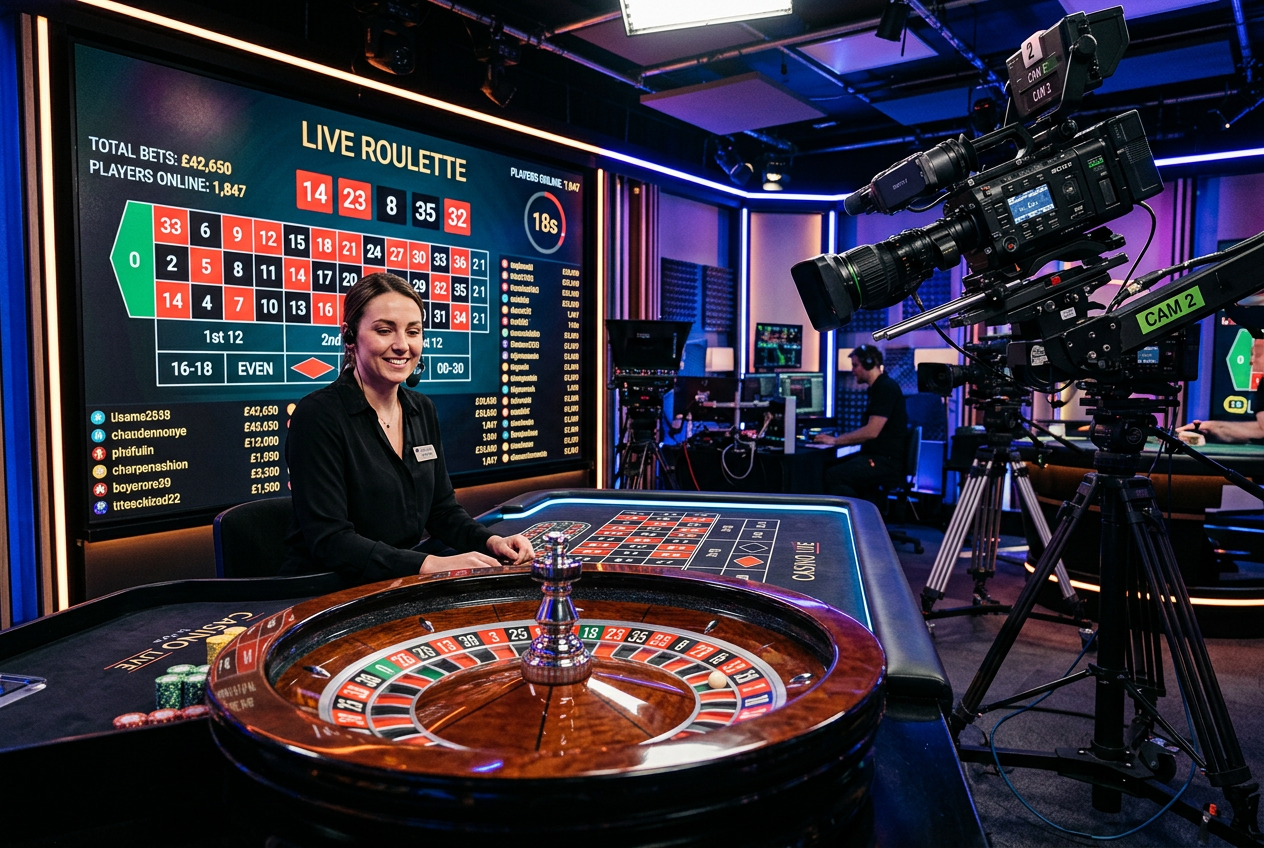 A high-tech live casino studio with cameras and digital overlays.