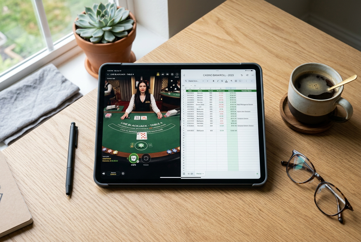 A tablet showing a live casino interface next to a budget planner.