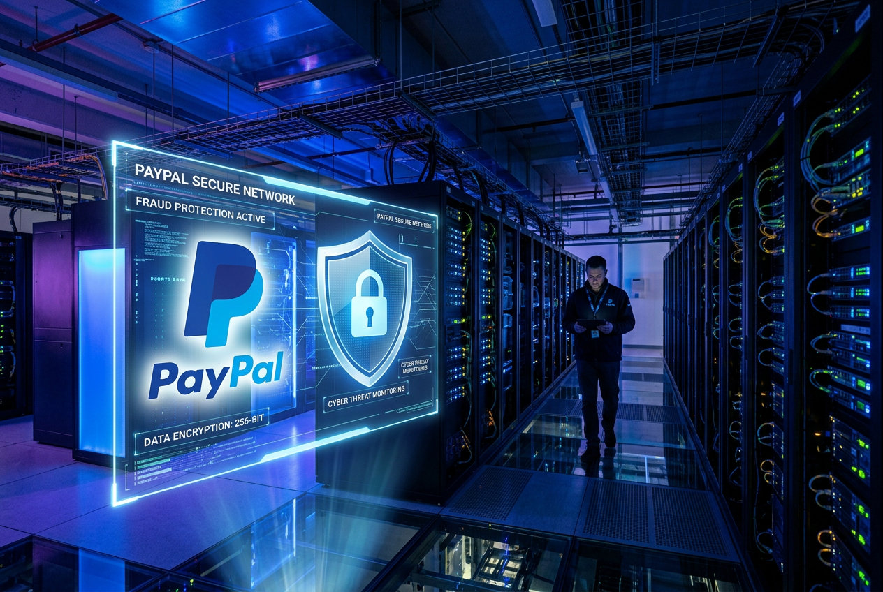 Holographic security shield over servers representing safe payments.